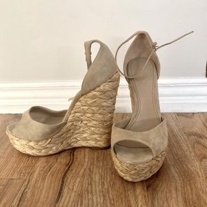 Gucci Suede Raffia Wedge Sandals
